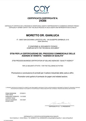 Certificato DT 58 in corso di validità